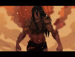  1girl abs bad_end black_hair bomango breasts claws clenched_hand commentary gogo_bomango grey_skin hair_between_eyes highres long_hair monster_girl muscle muscular_female navel neon_trim red_sclera sidelocks solo spikes torn_clothes vanheist veins 