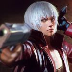  1boy blurry dante_(devil_may_cry) depth_of_field devil_may_cry devil_may_cry_3 face gun handgun highres ilya_kuvshinov jacket lips male_focus open_clothes open_jacket red_jacket solo upper_body weapon white_hair 