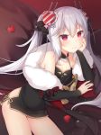  1girl amashiro_natsuki arm_support azur_lane bangs black_bow black_dress blue_bow bow breasts china_dress chinese_clothes closed_mouth commentary_request detached_sleeves dress fang fang_out fur_collar hair_between_eyes hair_bow hair_ornament heart heart_hair_ornament highres long_hair long_sleeves pink_bow red_eyes short_dress sidelocks silver_hair small_breasts smile solo twintails vampire_(azur_lane) very_long_hair 