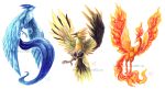  2016 articuno bird flying highres looking_away looking_to_the_side moltres pokemon pokemon_(creature) pokemon_(game) pokemon_rgby realistic signature simple_background sysirauta traditional_media watermark web_address white_background zapdos 