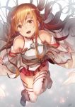  1girl asuna_(sao) breastplate brown_eyes brown_hair detached_sleeves highres long_hair looking_at_viewer open_mouth saraki signature smile solo sword_art_online thigh-highs white_legwear 