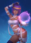  1girl alternate_costume bandage blue_background crystal_ball dark_skin eyeshadow fingerless_gloves gloves glowing green_eyes lipstick looking_at_viewer makeup menat navel purple_hair purple_lipstick smile solo stomach street_fighter street_fighter_v thigh-highs umigraphics 