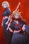  2girls abs android_18 android_21 bandage bandaged_hands blonde_hair blue_eyes brown_hair chains delinquent dragon_ball dragon_ball_fighterz dragonball_z glasses kendo_sword long_skirt looking_at_viewer midriff multiple_girls mynare navel red_background school_uniform skirt squatting stomach sukeban toned 