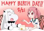  birthday_cake cake chair closed_eyes collar commentary_request food food_on_face fork gradient gradient_background hair_bobbles hair_ornament happy holding holding_food holding_fork horns kantai_collection long_hair mittens moomin muppo northern_ocean_hime open_mouth pink_eyes pink_hair rabbit sazanami_(kantai_collection) sazanami_konami school_uniform serafuku shinkaisei-kan short_sleeves sidelocks sitting table twintails white_hair 