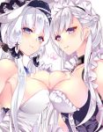  2girls apron azur_lane bangs bare_shoulders belfast_(azur_lane) braid breast_press breasts chains cleavage closed_mouth collar collarbone commentary_request corset dress elbow_gloves eyebrows_visible_through_hair french_braid frilled_apron frills gloves hat illustrious_(azur_lane) large_breasts looking_at_viewer low_twintails maid maid_apron maid_headdress mole mole_under_eye multiple_girls silver_hair smile sun_hat symmetrical_docking twintails uehara_(higanbachi) white_apron white_dress white_gloves white_hat 