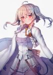  1girl alternate_hairstyle blush cowboy_shot epaulettes girls_frontline hair_ornament hairclip hanato_(seonoaiko) iws-2000_(girls_frontline) jacket jacket_on_shoulders military military_uniform pleated_skirt red_eyes silver_hair skirt twintails uniform 