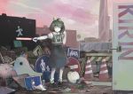  1girl bird building chicken closed_eyes cookie_(touhou) daiyousei green_hair hair_ribbon hinase_(cookie) holding_whistle ichiba_youichi ribbon road_sign scenery short_hair short_ponytail sign skyscraper socks solo traffic_cone volleyball whistle white_legwear yellow_ribbon 