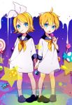  1boy 1girl :o :t blonde_hair blue_eyes blush bow brother_and_sister candy candy_cane chewing child dress dress_shirt eating eyebrows_visible_through_hair food hair_bow hair_ornament hairclip hand_holding hikage_(paccuntyo) holding_dress interlocked_fingers kagamine_len kagamine_rin lollipop mary_janes open_mouth pigeon-toed sailor_collar sailor_dress shirt shoes siblings socks star sweets twins vocaloid younger 