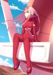  1girl armlet bangs blue_sky bodysuit breasts closed_mouth covered_navel darling_in_the_franxx day eyebrows_visible_through_hair full_body green_eyes hairband long_hair looking_away medium_breasts mountainous_horizon pilot_suit pink_hair red_bodysuit sitting skin_tight sky smile solo straight_hair very_long_hair violetsang white_hairband wind zero_two_(darling_in_the_franxx) 
