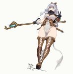  1girl blue_eyes blush boots breasts covered_navel drape gauntlets groin highres holding holding_staff large_breasts long_hair looking_at_viewer mole mole_under_eye original pandea_work pouch sheath sheathed solo staff sword thigh-highs thigh_boots w weapon white_hair 