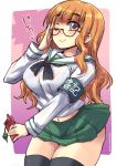  1girl adjusting_eyewear armband black_legwear black_neckwear blouse breasts cellphone girls_und_panzer glasses green_skirt large_breasts long_hair long_sleeves miniskirt neckerchief one_eye_closed ooarai_school_uniform orange_hair phone pleated_skirt red-framed_eyewear school_uniform semi-rimless_eyewear serafuku shinshin skirt smile solo takebe_saori thigh-highs under-rim_eyewear violet_eyes white_blouse 