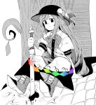  1girl anarogumaaa arm_support blood boots bow bowtie expressionless food fruit full_body hat hat_leaf hinanawi_tenshi leaf long_hair looking_at_viewer monochrome monster peach pointy_boots puffy_short_sleeves puffy_sleeves rainbow_order scales short_sleeves simple_background sitting solo spot_color sword_of_hisou touhou tree white_background 