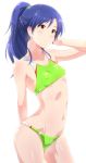  1girl alternate_hairstyle arm_up bangs bare_shoulders blue_hair blush breasts brown_eyes buruma collarbone erect_nipples eyebrows_visible_through_hair gym_uniform hand_in_hair hips idolmaster idolmaster_(classic) idolmaster_1 kisaragi_chihaya long_hair midriff navel parted_lips ponytail shiny shiny_clothes shiny_hair shiny_skin simple_background small_breasts solo standing sweat tetuo_kun thighs waist white_background 
