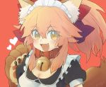 alternate_costume animal_ears apron bell bell_collar breasts cat_paws cleavage collar enmaided fangs fate/grand_order fate_(series) fox_ears fox_tail gloves hair_ribbon heart jingle_bell kidukaji large_breasts long_hair maid maid_apron maid_headdress open_mouth paw_gloves paws pink_hair ponytail red_background red_ribbon ribbon simple_background tail tamamo_(fate)_(all) tamamo_cat_(fate) 