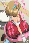  :d blue_eyes breasts brown_hair cleavage downblouse dress formal from_above gloves hairband open_mouth pancham pokemoa pokemon pokemon_(anime) pokemon_xy_(anime) serena_(pokemon) short_hair smile 