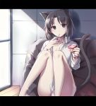  1girl animal_ears bare_legs black_eyes black_hair cat_ears cat_tail collarbone commentary_request crotch_seam dress_shirt eating food holding ice_cream indoors kara_no_kyoukai kemonomimi_mode knees_to_chest knees_together_feet_apart letterboxed looking_at_viewer no_pants nyanya panties ryougi_shiki shadow shiny shiny_skin shirt short_hair sitting solo spoon_in_mouth sunlight tail twitter_username underwear white_panties white_shirt window wing_collar 