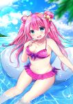  1girl :d ahoge bangs bare_arms bare_shoulders bikini blue_eyes blue_sky blush breasts cleavage clouds collarbone commentary_request day double_bun eyebrows_visible_through_hair fang hair_between_eyes highres large_breasts looking_at_viewer minami_saki moe2018 open_mouth original outdoors pink_hair purple_bikini shell_hair_ornament side_bun sitting sky smile solo starfish_hair_ornament striped striped_bikini swimsuit water 