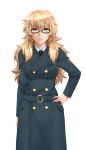  1girl arm_at_side black-framed_eyewear blonde_hair coat commentary commission double-breasted eyebrows_visible_through_hair frown glasses green_eyes hand_on_hip long_hair looking_at_viewer original overcoat serious simple_background solo twrlare white_background 