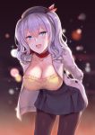  1girl :d beret black_hat black_legwear black_skirt blue_eyes breasts buttons cai_geng collarbone hair_between_eyes hat jacket kantai_collection kashima_(kantai_collection) large_breasts long_hair long_sleeves open_mouth pantyhose silver_hair skirt smile solo two_side_up white_jacket 