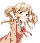  1girl bang_dream! blonde_hair blush breasts closed_mouth commentary_request hair_ornament ichigaya_arisa long_hair long_sleeves nyanmaru_(ememing) school_uniform simple_background solo twintails upper_body white_background x_hair_ornament yellow_eyes 