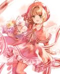  1girl :d antenna_hair bouquet brown_hair card_captor_sakura cowboy_shot dress elise_(piclic) eyebrows_visible_through_hair flower green_eyes highres holding holding_bouquet kinomoto_sakura open_mouth pink_dress red_flower red_legwear ribbon smile solo standing striped striped_ribbon thigh-highs white_flower yellow_flower 