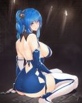  1girl argyle_cutout ass azur_lane backboob bangs bare_shoulders blue_dress blue_gloves blue_hair blue_ribbon breasts chained chains closed_mouth commentary_request dress elbow_gloves eyes_visible_through_hair from_behind garter_straps gloves hair_ornament halterneck hayabusa highres indoors large_breasts looking_at_viewer looking_back ribbon side_ponytail sitting solo st._louis_(azur_lane) thigh-highs tongue tongue_out violet_eyes white_legwear 
