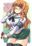  1girl adjusting_eyewear armband black_legwear black_neckwear blouse blue_panties breasts cellphone girls_und_panzer glasses green_skirt large_breasts long_hair long_sleeves miniskirt neckerchief one_eye_closed ooarai_school_uniform orange_hair panties phone pleated_skirt red-framed_eyewear school_uniform semi-rimless_eyewear serafuku shinshin skirt smile solo takebe_saori thigh-highs underwear violet_eyes 