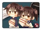  2girls :&lt; :d alternate_costume artist_name black_hair blush brown_eyes carrying chibi chocolate chocolate_heart commentary_request dual_persona heart holding japanese_clothes kaga_(kantai_collection) kantai_collection minigirl multiple_girls open_mouth paper revision side_ponytail smile taisa_(kari) tasuki valentine white_chocolate 