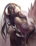  1girl albedo bare_shoulders black_wings breasts demon_girl demon_horns demon_wings dress gloves hair_between_eyes horns large_breasts long_hair looking_at_viewer open_mouth overlord_(maruyama) smile solo tenmuki white_dress white_gloves wings yellow_eyes 