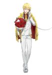  1boy adapted_costume bangs blonde_hair bouquet chains corded_phone earrings ekita_xuan fate/grand_order fate_(series) flower formal full_body gilgamesh gloves highres holding holding_phone jacket jewelry letter lock lock_earrings long_sleeves looking_at_viewer male_focus necktie pants parted_lips phone red_eyes red_flower red_rose red_shirt rose shirt shoes simple_background smile solo standing suit white_background white_footwear white_gloves white_jacket white_pants wing_collar yellow_neckwear 