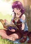  1girl barefoot book boots dotentity dress fire_emblem fire_emblem:_seima_no_kouseki grass highres holding holding_book leaning_back looking_at_viewer lute_(fire_emblem) purple_hair sitting smile solo violet_eyes 
