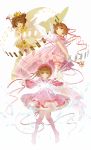  1girl :d antenna_hair boots brown_hair capelet card card_captor_sakura dress elbow_gloves eru_(ljunwww) feathered_wings full_body gloves green_eyes hat highres holding holding_staff kinomoto_sakura looking_at_viewer looking_up magical_girl open_mouth pink_dress pink_footwear pink_hat pink_ribbon puffy_shorts ribbon short_hair short_sleeves shorts simple_background smile staff thigh-highs thigh_boots thigh_ribbon white_background white_gloves white_legwear white_wings wings yellow_shorts 