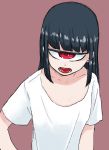  1girl bangs black_hair cyclops kuronyankokko looking_at_viewer medium_hair one-eyed open_mouth original red_background red_eyes shirt short_sleeves simple_background solo upper_body white_shirt 