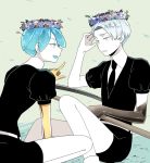  androgynous aqua_eyes aqua_hair blue_eyes blue_hair cairngorm_(houseki_no_kuni) gem_uniform_(houseki_no_kuni) golden_arms head_wreath houseki_no_kuni nao_(necomugi) necktie phosphophyllite scythe short_hair silver_hair white_eyes white_hair 