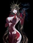  1girl alternate_costume bare_shoulders black_hair breasts burning_hand detached_sleeves dress fate/apocrypha fate/grand_order fate_(series) flower headdress highres large_breasts long_hair pointy_ears red_dress revealing_clothes rose saber_ruri scales semiramis_(fate) skin_tight smoke solo very_long_hair yellow_eyes 
