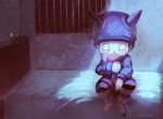  1boy chains closed_eyes dangan_ronpa hat horned_headwear hoshi_ryouma male_focus manino_(mofuritaionaka) new_dangan_ronpa_v3 on_bed pants sitting solo striped striped_pants valentine 