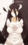  1girl albedo bare_shoulders black_hair black_wings breasts demon_girl demon_horns demon_wings hachikuji horns large_breasts long_hair overlord_(maruyama) smile solo sweater very_long_hair wings yellow_eyes 