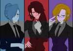  3girls absurdres artist_request cinder_fall color_connection commentary_request formal glasses glynda_goodwitch hair_over_one_eye highres multiple_girls necktie rwby suit winter_schnee 