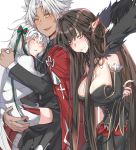  1boy 2girls :d :t amakusa_shirou_(fate) bangs bare_shoulders black_dress black_legwear black_shirt blush bow breasts bridal_gauntlets brown_hair cape capelet cleavage closed_eyes closed_mouth commentary crossed_arms dark_skin detached_sleeves dress eyebrows_visible_through_hair fate/apocrypha fate/grand_order fate_(series) fur-trimmed_capelet fur_trim green_bow green_ribbon hair_between_eyes hair_bow headpiece jeanne_d&#039;arc_(fate)_(all) jeanne_d&#039;arc_alter_santa_lily large_breasts long_hair long_sleeves multiple_girls myo_ne navel open_mouth parted_bangs parted_lips pointy_ears pout red_cape ribbon semiramis_(fate) shirt silver_hair simple_background sleeping smile striped striped_bow striped_ribbon thigh-highs very_long_hair white_background white_capelet white_dress yellow_eyes 