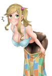  /\/\/\ 1girl bent_over black_legwear blonde_hair blue_bra bra breasts eyebrows_visible_through_hair fang green_eyes hair_bobbles hair_ornament hanging_breasts inuyama_aoi large_breasts long_hair looking_at_viewer no_shirt panties panties_under_pantyhose pantyhose side_ponytail simple_background skirt skirt_pull smile solo thick_eyebrows twrlare underwear undressing white_background yurucamp 