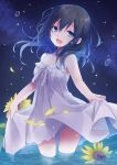  1girl :d bangs bare_arms bare_shoulders black_hair blue_eyes blue_hair blush commentary_request dress eyebrows_visible_through_hair flower gradient_hair hair_between_eyes head_tilt highres kuroi_(liar-player) looking_at_viewer moe2018 multicolored_hair night night_sky open_mouth original skirt_hold sky sleeveless sleeveless_dress smile solo star_(sky) starry_sky sunflower wading water wet white_dress yellow_flower 