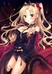  1girl ainili asymmetrical_legwear asymmetrical_sleeves bangs between_breasts black_dress black_legwear blonde_hair blurry blurry_foreground blush bow breasts cape commentary_request depth_of_field dress earrings ereshkigal_(fate/grand_order) eyebrows_visible_through_hair fate/grand_order fate_(series) fingernails hair_bow hands_on_own_chest highres infinity jewelry long_hair long_sleeves looking_at_viewer medium_breasts parted_bangs parted_lips purple_bow purple_cape red_eyes signature single_sleeve single_thighhigh skull solo spine thigh-highs tiara two_side_up very_long_hair 