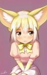  1girl animal_ears artist_name bangs between_legs big_eyes blonde_hair blush bow brown_eyes character_request closed_mouth commentary_request eyebrows_visible_through_hair gloves hair_between_eyes hand_between_legs highres kemono_friends looking_at_viewer pink_shirt purple_background shirt short_hair short_sleeves skirt solo welt_(kinsei_koutenkyoku) yellow_bow 