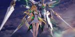  1girl armor artist_name bare_legs blonde_hair breasts cleavage cleavage_cutout closed_mouth clouds copyright_name dress earrings elbow_gloves faulds feet_out_of_frame food gem gloves hand_on_own_chest headpiece highres mythra_(xenoblade) holding holding_food jewelry large_breasts light_particles long_hair looking_away looking_to_the_side mecha outdoors pauldrons short_dress shoulder_armor solo swd3e2 thigh_strap very_long_hair white_dress white_gloves xenoblade_2 yellow_eyes 
