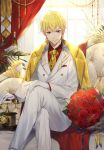  1boy adapted_costume blonde_hair bottle bouquet chains closed_mouth corded_phone couch cup day drinking_glass earrings ekita_xuan fate/grand_order fate_(series) feet_out_of_frame flower formal gilgamesh gloves hand_on_own_knee highres indoors jacket jewelry legs_crossed lock lock_earrings long_sleeves looking_at_viewer male_focus necktie pants phone red_eyes red_flower red_rose red_shirt rose shirt sitting smile solo suit tray white_gloves white_jacket white_pants window wing_collar yellow_neckwear 