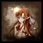  1girl arm_strap asuna_(sao) backlighting bangs bare_shoulders braid breasts brown_eyes brown_hair french_braid from_side hair_ribbon long_hair looking_at_viewer looking_to_the_side medium_breasts noodle-y parted_lips pointy_ears portrait ribbon solo sword_art_online upper_body 