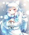 1girl absurdres animal_ears arctic_fox_(kemono_friends) blush capelet closed_mouth coat eyebrows_visible_through_hair fox_ears fox_shadow_puppet fox_tail fur_trim gloves hand_up highres kanzakietc kemono_friends long_hair looking_at_viewer smile solo tail upper_body white_coat white_gloves white_hair winter_clothes winter_coat yellow_eyes 