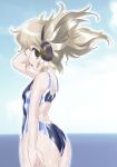  1girl ass black_swimsuit brown_eyes commentary_request competition_swimsuit cowboy_shot earmuffs from_behind horizon ocean one-piece_swimsuit pointy_hair silver_hair solo standing swimsuit touhou toyosatomimi_no_miko winn 