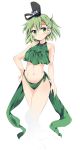 1girl adapted_costume bare_arms bare_legs bare_shoulders blush breasts commentary_request crop_top eyebrows_visible_through_hair full_body ghost_tail green_bikini_bottom green_eyes green_hair hair_between_eyes hand_on_hip hat highres maturiuta_sorato medium_breasts midriff navel short_hair simple_background soga_no_tojiko solo tate_eboshi touhou white_background 