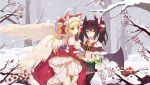  2girls angel angel_and_devil angel_wings animal_ears animal_hood artist_request bare_shoulders black_hair blonde_hair blue_eyes branch capelet cat_ears christmas demon demon_girl demon_horns demon_tail demon_wings dress elbow_gloves fake_animal_ears fang_out feathered_wings fur_trim game_cg girls_x_battle gloves hand_holding hood horns long_hair looking_at_viewer midriff miniskirt multiple_girls ponytail red_gloves skirt smile snow snowing star succubus suspenders tail thigh-highs twintails white_legwear white_wings wings yellow_eyes 